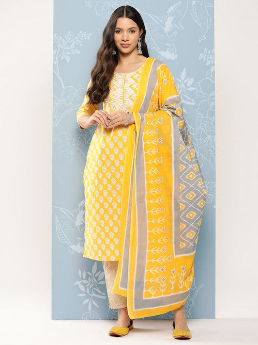 Yufta Women Printed Thread Work Pure Cotton Kurta with Trousers & Dupatta