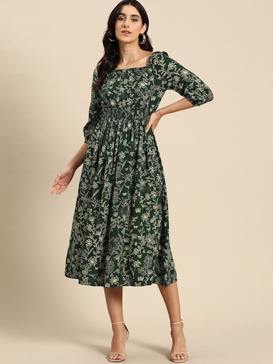 All about you Floral Print Square Neck A-Line Midi Dress