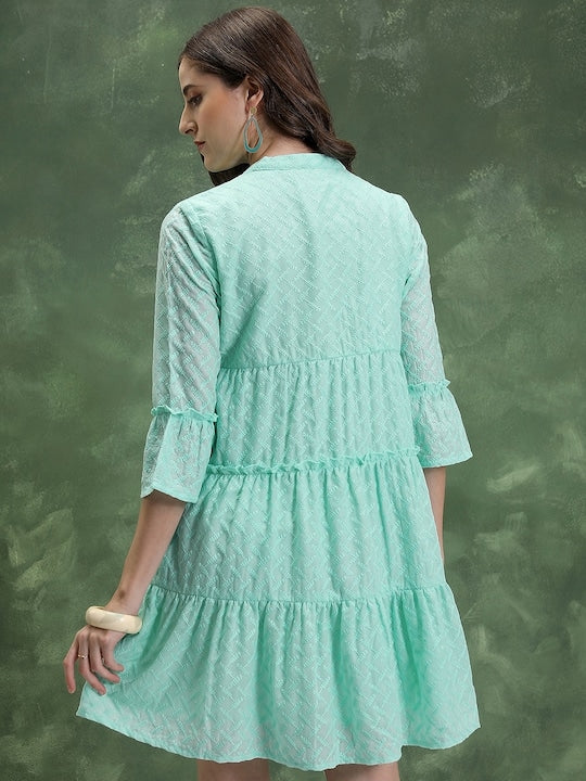 Vishudh Floral Embroidered Mandarin Collar Bell Sleeves Tiered Detail A-Line Mini Dress