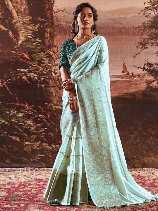 Satrani Blue Ethnic Motifs Woven Design Zari Art Silk Banarasi Saree