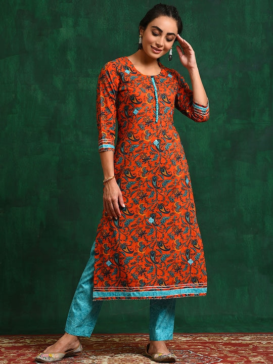 AKS Floral Printed Gotta Patti Pure Cotton Kurta with Trousers