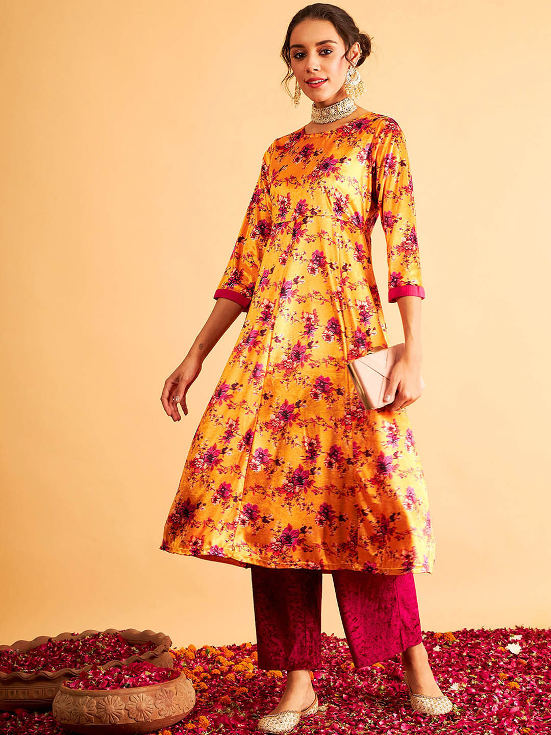 Shae by Sassafras Orange Floral Printed Velvet Anarkali Kurta