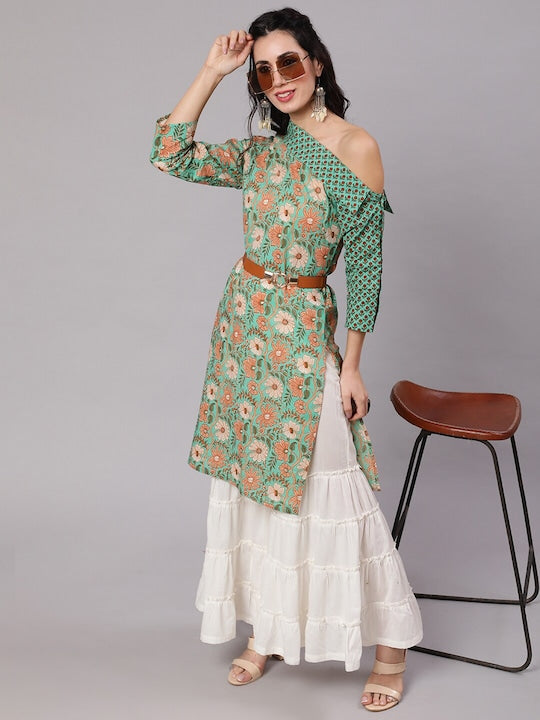 AKS Floral Printed Round Neck Cotton Straight Kurta
