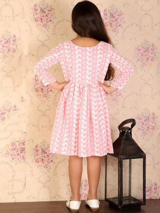 Vastramay Girls Pink Embroidered Chikankari Cotton Short Ethnic Dress
