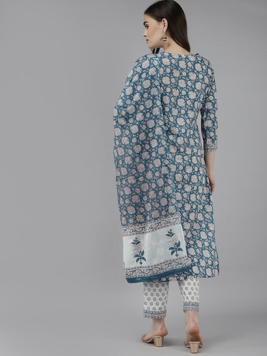Yufta Women Blue Pure Cotton Yoke Design Sequinned Kurta with Palazzos & Dupatta