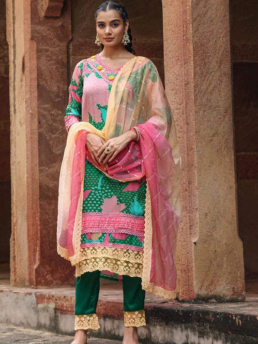 Scakhi Floral Digital Printed Thread Work Chinon Silk Kurta with Trousers & Dupatta