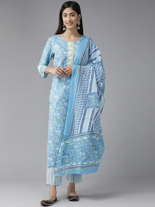 Yufta Women Floral Printed Thread Work Pure Cotton Kurta With Trousers & With Dupatta