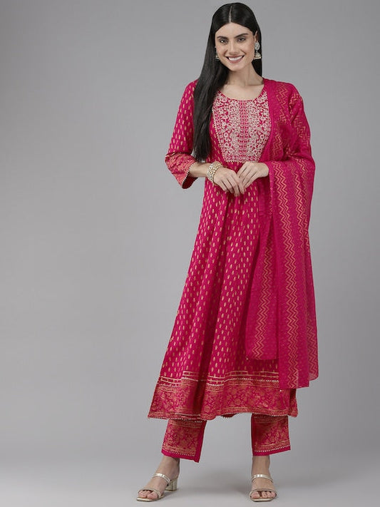 Yufta Women Pink Ethnic Motifs Printed Embroidered Work Kurta with Trousers & Dupatta - XXL