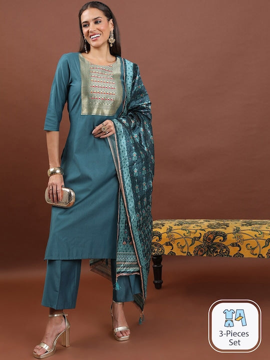 Vishudh Woven Design Straight Kurta & Trousers With Dupatta
