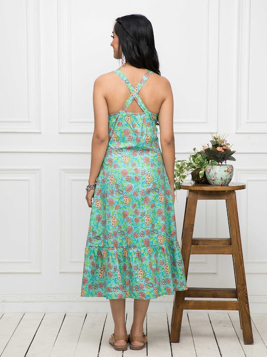 Myshka Floral Printed Cotton A-Line Midi Dress