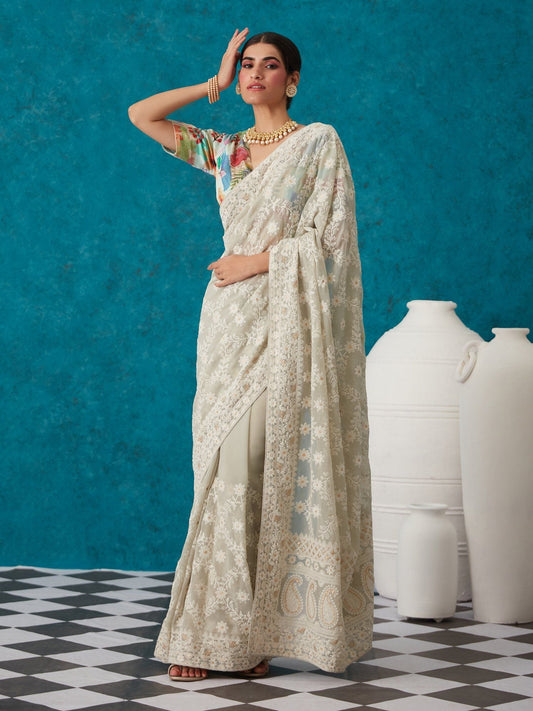 Likha Grey Georgette Embroidered Chikankari Saree with Unstitched Blouse LIKSAR18 (Free Size)