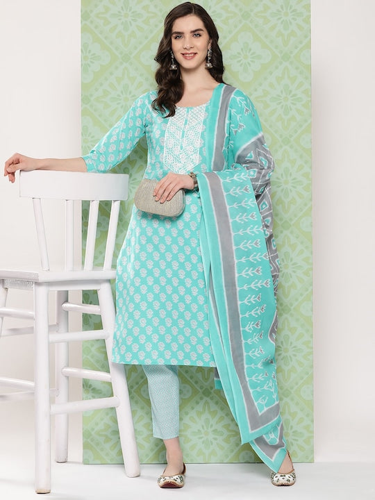 Yufta Women Floral Embroidered Regular Thread Work Kurta with Trousers & Dupatta