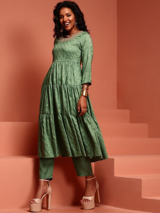 IMARA Floral Printed Anarkali Kurta with Trousers & With Dupatta
