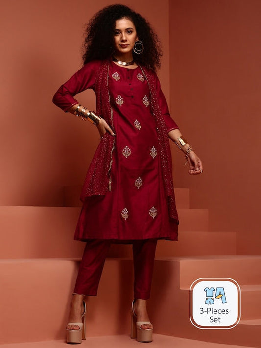 IMARA Ethnic Motifs Embroidered Gotta Patti Straight Kurta & Trousers With Dupatta