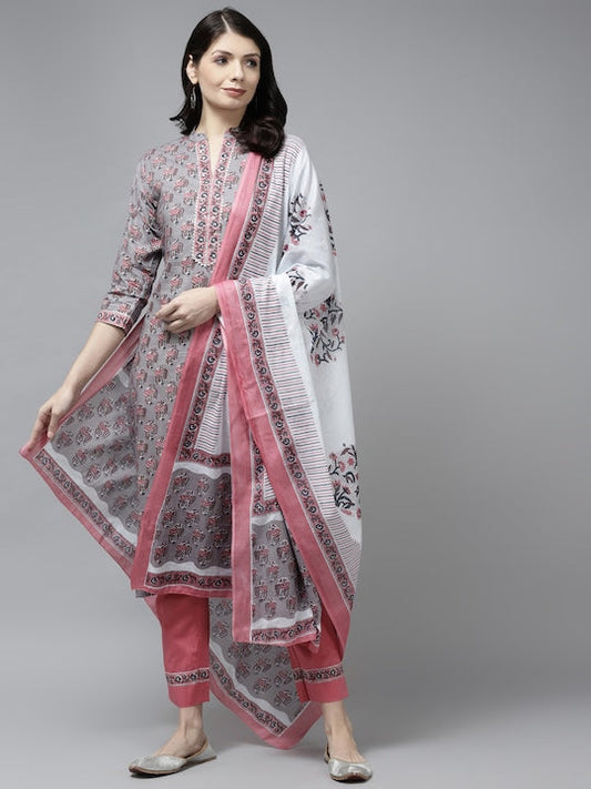Yufta Women Grey Pure Cotton Ethnic Printed Gotta Patti Kurta with Trousers & Dupatta