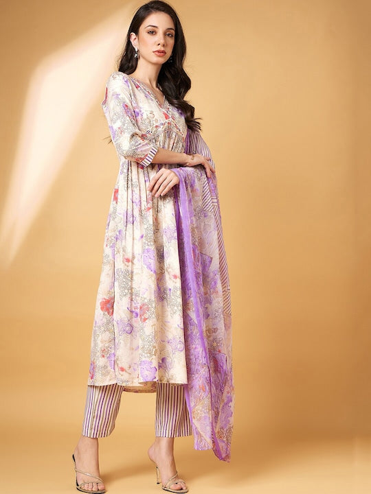 All about you Floral Embroidered V-Neck Straight Kurta With Trousers & Dupatta