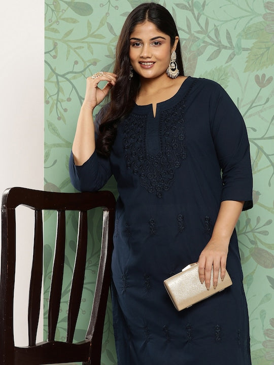 Yufta Plus Size Floral Embroidered Chikankari Indigo Pure Cotton Kurta