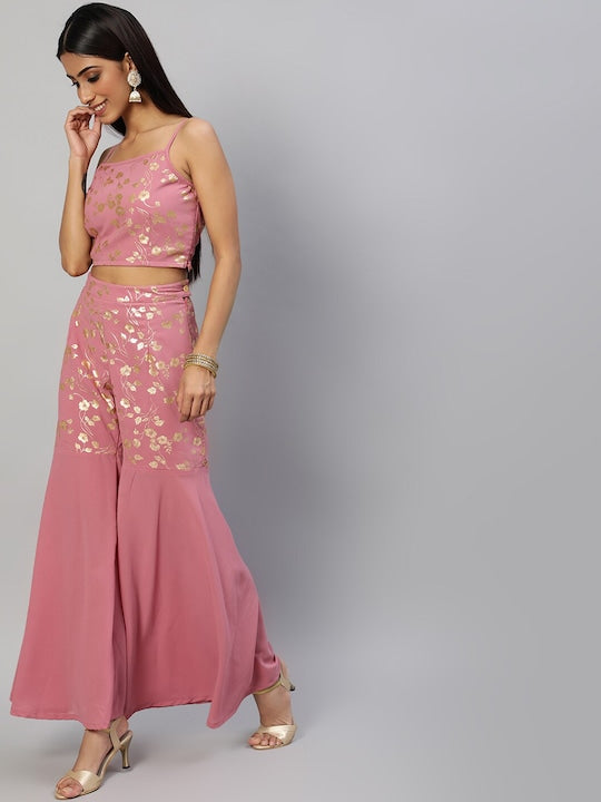 AKS Couture Foil Printed Shoulder Straps Top WIth Palazzo & Dupatta Co-Ords
