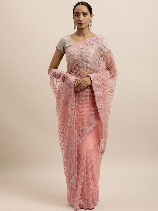 Kasee Peach-Coloured Floral Embroidered Net Saree