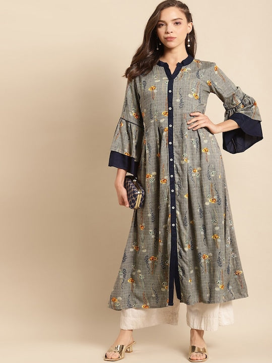 All about you Grey Floral Printed Mandarin Collar Bell Sleeves A-Line Kurta