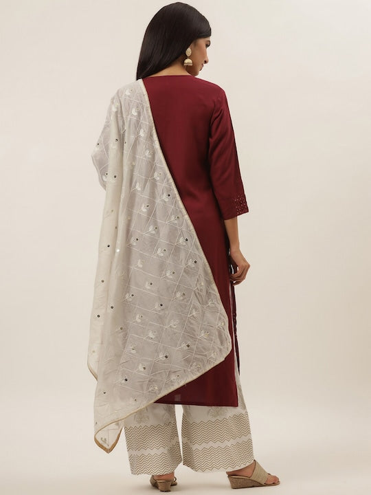 Yufta Women Maroon Embroidered Panelled Sequinned Kurti with Trousers & With Dupatta
