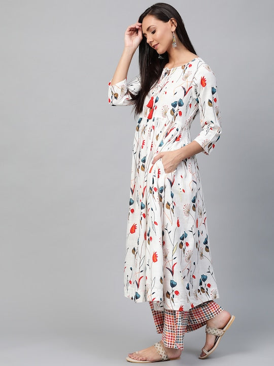 Sangria Women White & Red Printed Kurta with Palazzos