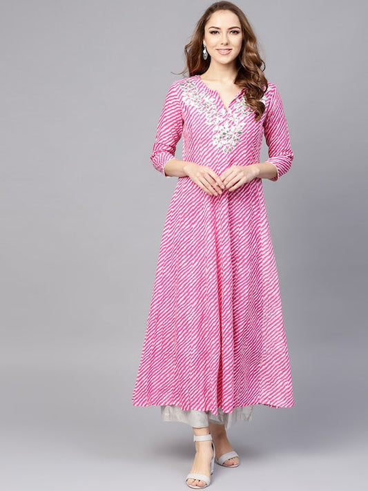 Yufta Women Pink & White Lehariya Print Anarkali Kurta