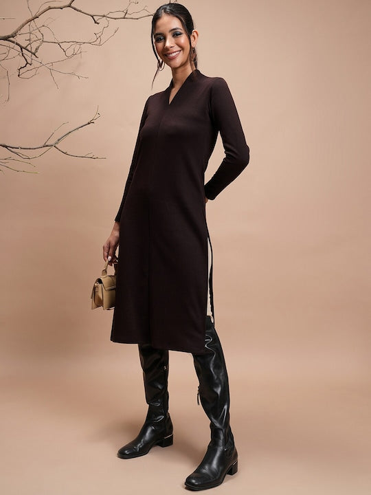 Vishudh Coffee Brown V-Neck Long Sleeves Straight Kurta