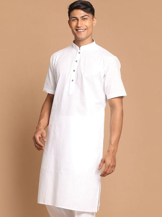 Vastramay Men White Solid Cotton Linen Blend Half Sleeves Kurta - S
