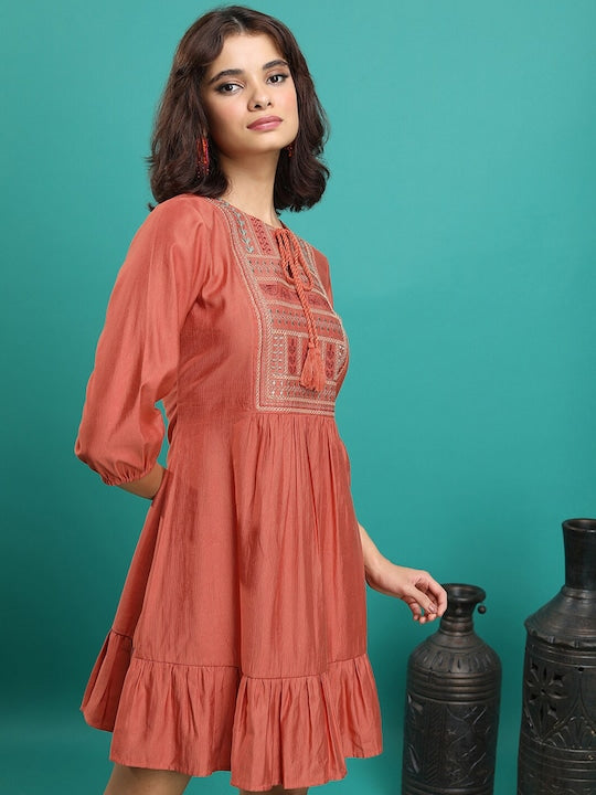 Vishudh Rust Tie-Up Neck Puff Sleeve Gathered or Pleated Fit & Flare Dress