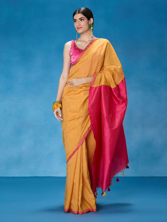 Likha Mustard Viscose Blend Solid Colorblock Saree with Unstitched Blouse LIKSAR113 (Free Size)