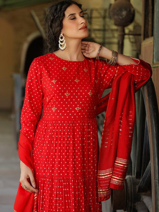 Scakhi Embellished Fit & Flare Tiered Cotton Jacquard Maxi Ethnic Dress With Dupatta