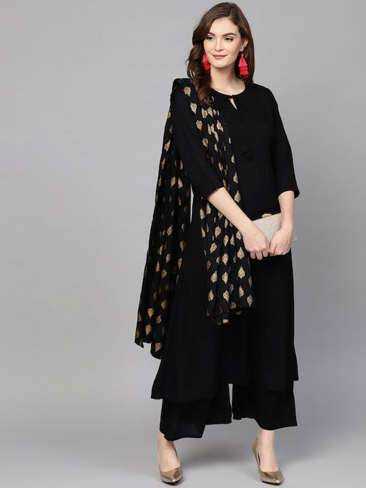 Yufta Women Black Solid Kurta with Palazzos & Dupatta - S
