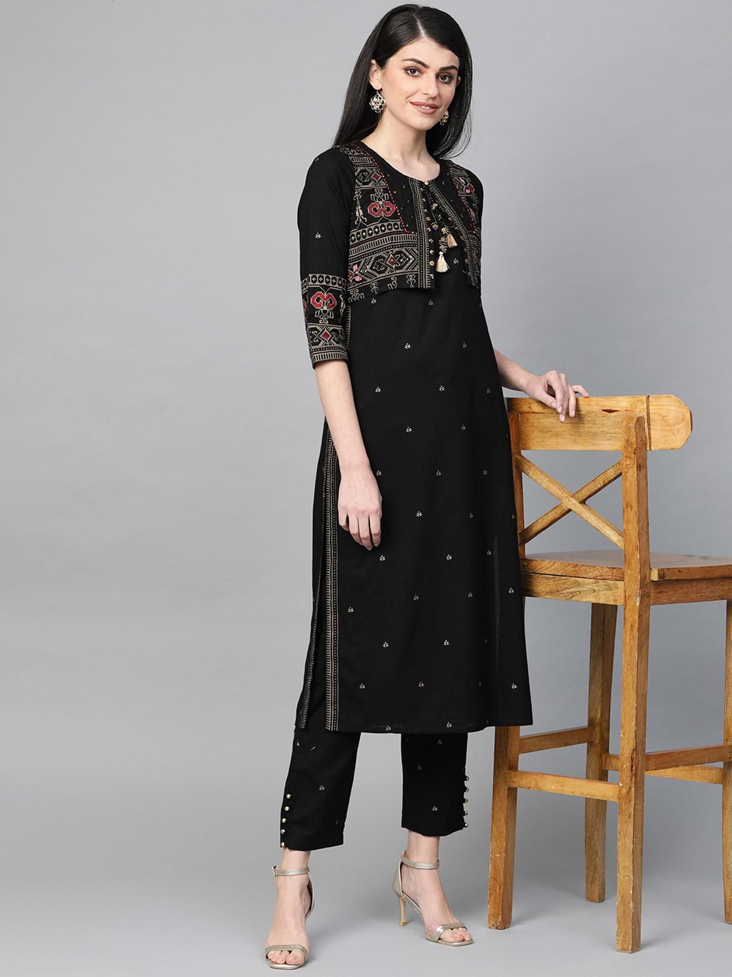 ISHIN Cotton Black Embellished A-Line Kurta With Trouser & Jacket (Set of 3)