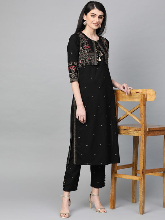 ISHIN Cotton Black Embellished A-Line Kurta With Trouser & Jacket (Set of 3)