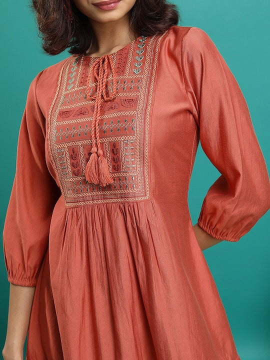 Vishudh Rust Tie-Up Neck Puff Sleeve Gathered or Pleated Fit & Flare Dress