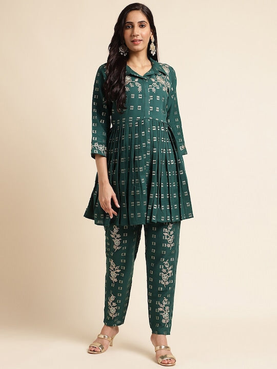 Fabmora Ethnic Motif Woven Design Thread Work Organic Cotton A-Line Kurta & Trousers