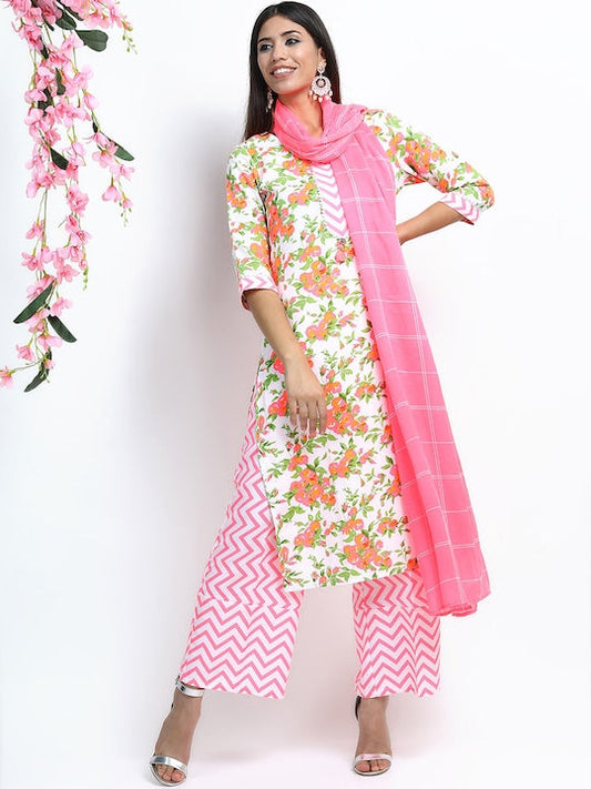 Vishudh Women Off White Floral Printed Gotta Patti Kurta with Palazzos & With Dupatta