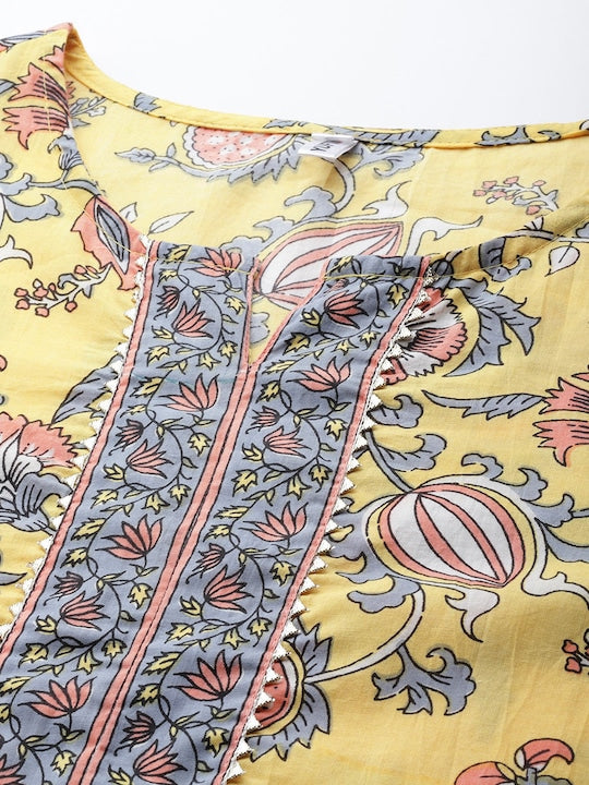 Yufta Women Yellow Floral Printed Straight Kurta