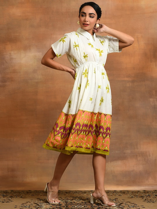 AKS Ethnic Motifs Printed Flared Gathered Fit & Flare Cotton Dress