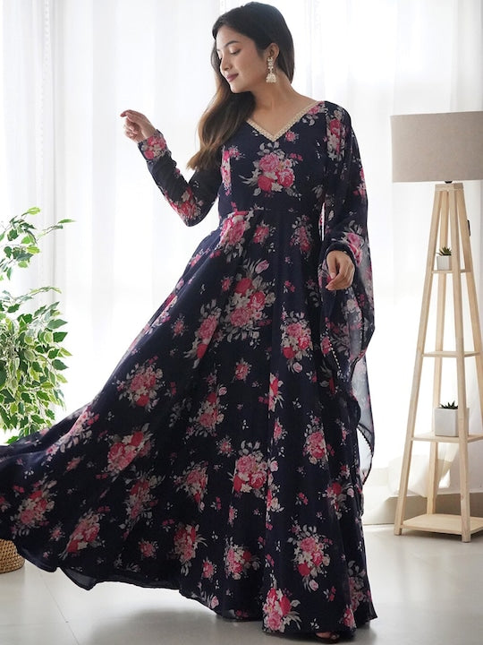 Fusionic Floral Printed V-Neck Gown Ethnic Dresses With Dupatta