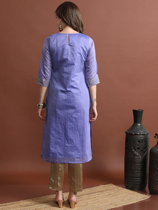Vishudh Mauve Ethnic Motifs Embroidered Boat Neck Indigo Cotton Straight Kurta