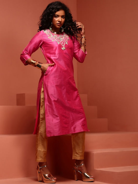 IMARA Floral Yoke Design Gotta Patti Straight Kurta
