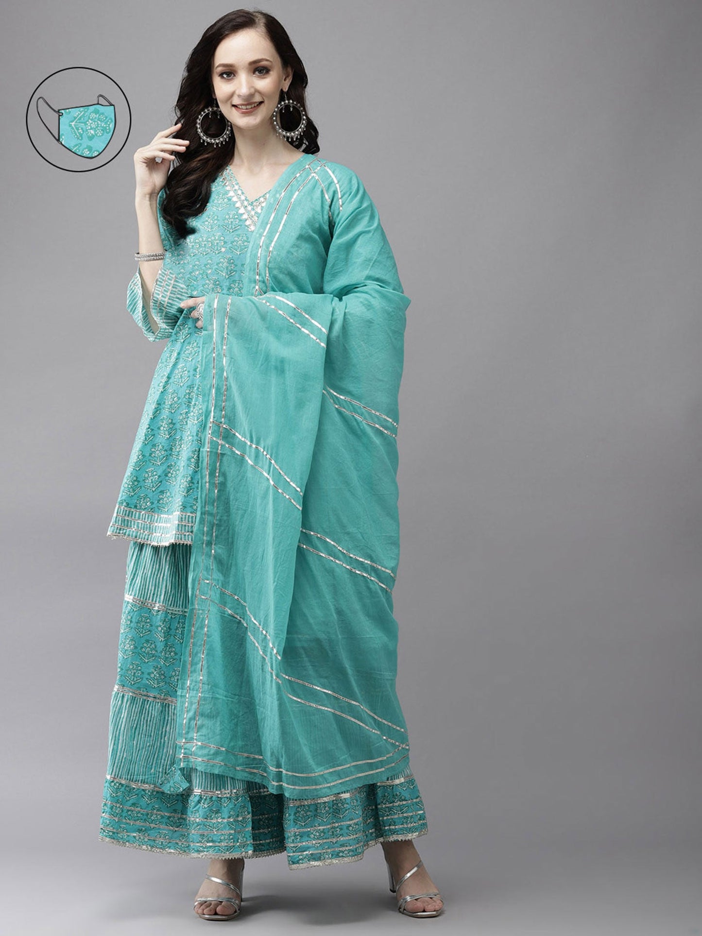 ISHIN womens Sea Green Zari Embroidered Angrakha Kurta With Sharara & Dupatta (Set of 3)