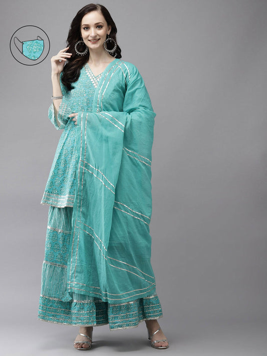ISHIN womens Sea Green Zari Embroidered Angrakha Kurta With Sharara & Dupatta (Set of 3)