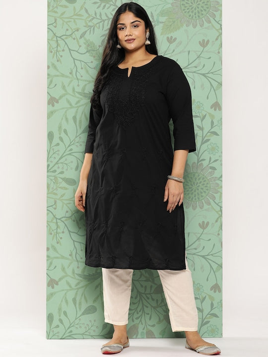Yufta Women Plus Size Floral Embroidered Straight Kurta