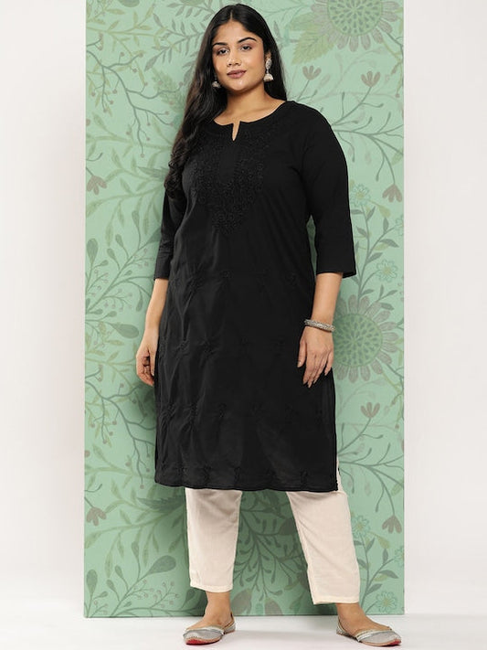 Yufta Women Plus Size Floral Embroidered Straight Kurta