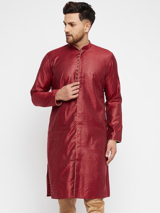 Vastramay Men Maroon Solid Thread Work Jacquard Kurta