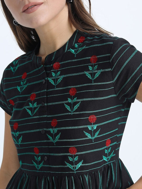 Vishudh Black & Green Striped Ethnic Midi Dress