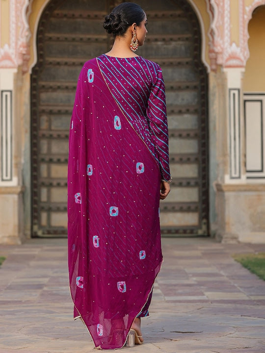 Scakhi Bandhani Printed Beads & Stones Pleated A-Line Kurta With Patiala & Dupatta